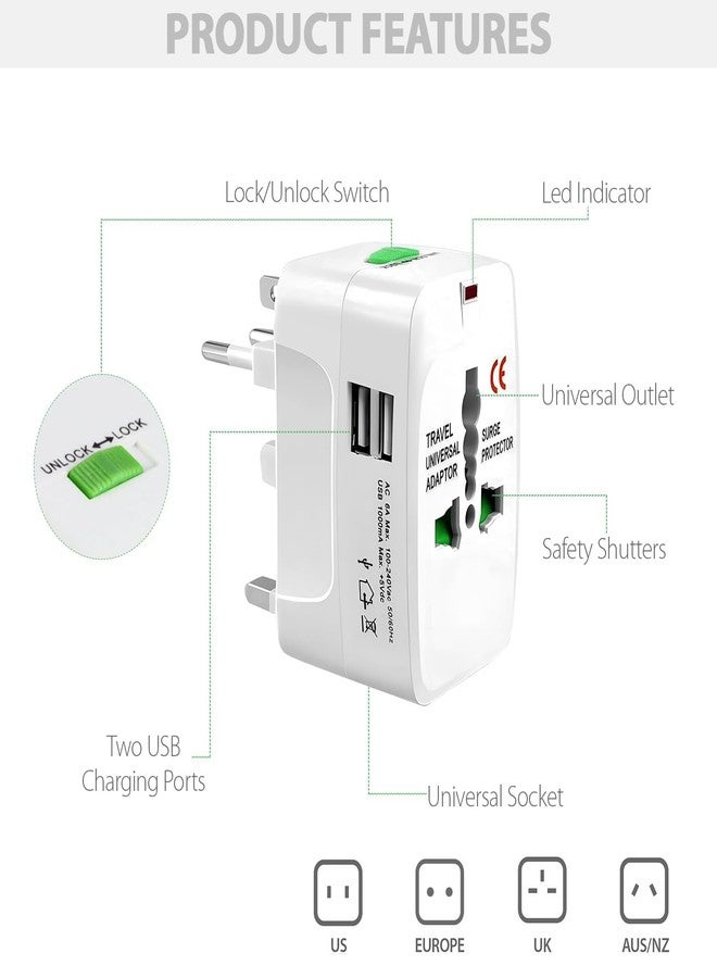 بيفالو محول سفر عالمي من بيفالو مزود بمنفذي شحن USB AC/DC بقوة 6 أمبير/5 فولت وبطارية 1000 مللي أمبير، قابس طاقة متعدد الأغراض، محمول، مناسب للسفر الدولي، للهاتف والكاميرا والكمبيوتر المحمول (عبوة من قطعة واحدة، أبيض) - Image 2